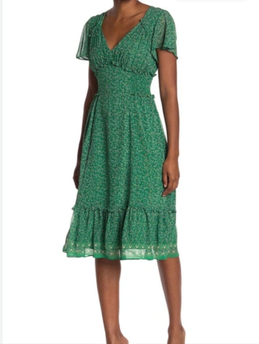 Max Studio Green Floral V-Neck Smocked Midi Dress, Size XL